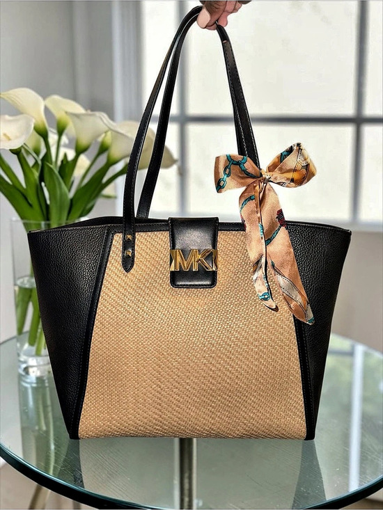 Michael Kors Handbags - Michael Kors Kariie LG Straw and Leather Tote in Black & Brown